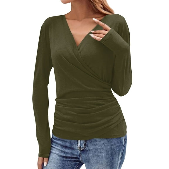 Gglogagt Women's Deep V Neck 3/4 Sleeve Cross Surplice Wrap Tops Army Green 2XL