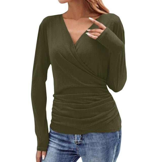 Gglogagt Women's Deep V Neck 3/4 Sleeve Cross Surplice Wrap Tops Army Green XS