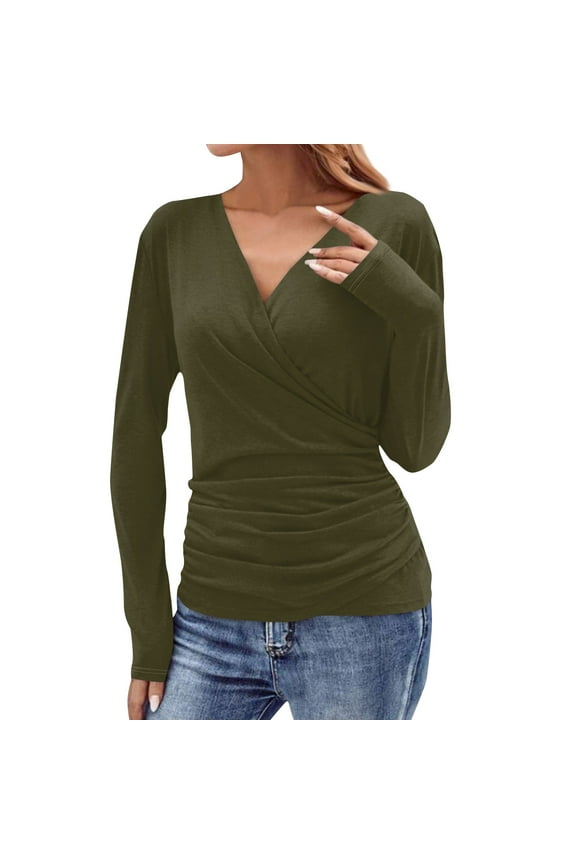 Women's Deep V Neck 3/4 Sleeve Cross Surplice Wrap Tops Army Green XS