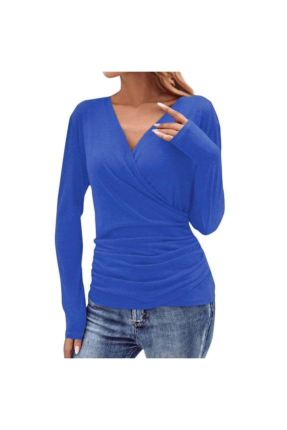 Women's Deep V Neck 3/4 Sleeve Cross Surplice Wrap Tops Blue L