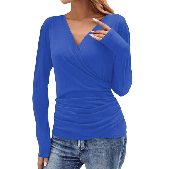 Gglogagt Women's Deep V Neck 3/4 Sleeve Cross Surplice Wrap Tops Blue XS