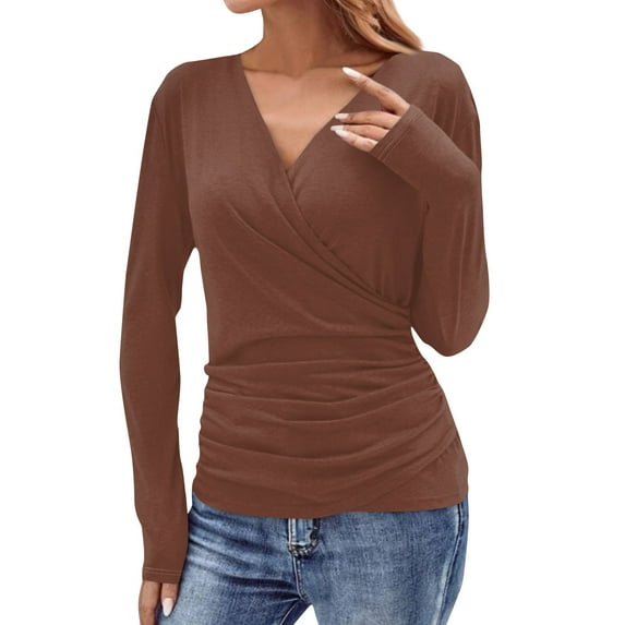Gglogagt Women's Deep V Neck 3/4 Sleeve Cross Surplice Wrap Tops Brown XL