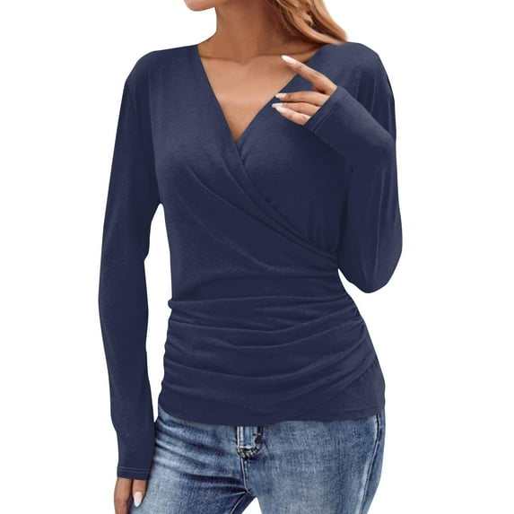 Gglogagt Women's Deep V Neck 3/4 Sleeve Cross Surplice Wrap Tops Navy XL