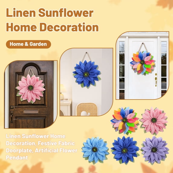 Gh0238D Pink Sunflower Wreath, Linen Fabric Artificial Flower Decor - Home & Festival Door Sign Hanging, Linen Wreath, Artificial Sunflower Design - For Living Room, Bedroom,