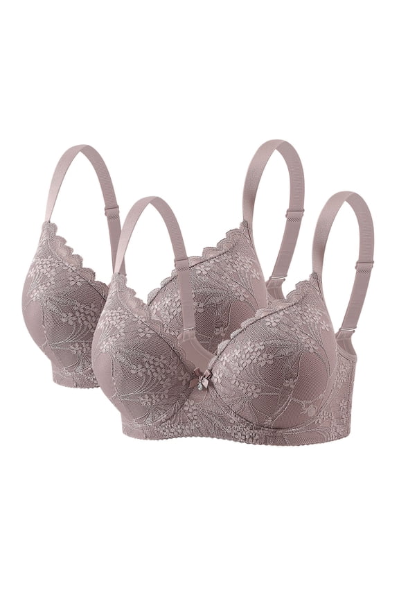 2 Pack Women Floral Scalloped Lace Underwire Bra, Adjustable Wide Strap Multi-Hook Back Bra with Rhinestone Bow Comfort Everyday Underwear