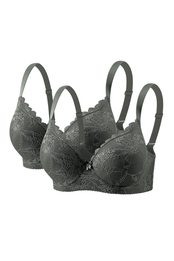 2 Pack Women Floral Scalloped Lace Underwire Bra, Adjustable Wide Strap Multi-Hook Back Bra with Rhinestone Bow Comfort Everyday Underwear