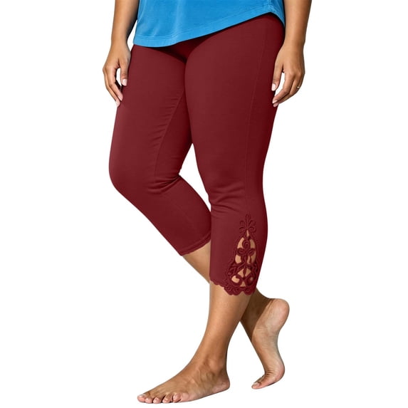 Ghalytn Plus Size Capri Leggings Women L-5XL, Elastic Waist Cropped Pants with Lace Hem