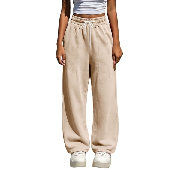 Ghalytn Sweatpants Women's Elastic Drawstring Waist, Seam-Decor Wide Leg Soft Fleece Loose Pants with Pockets
