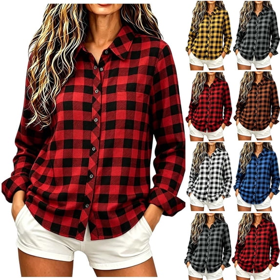 Ghalytn Women Buffalo Plaid Button Down Shirt Lapel Collar Roll Up Long Sleeve Curved Hem Casual Blouse
