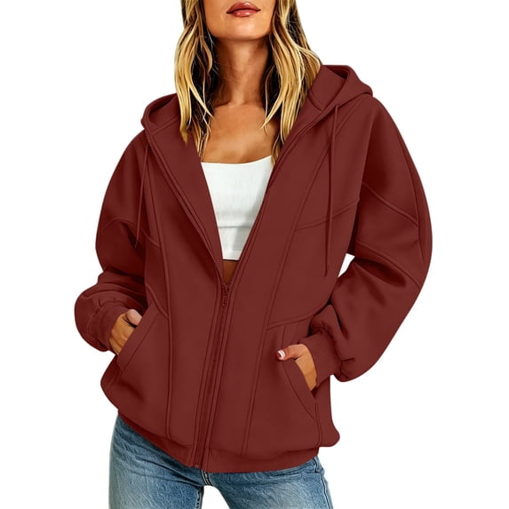 Ghalytn Women Drawstring Full Zip Hooded Jacket Seam Stitch Raglan Long Sleeve Side Pocket Loose Casual Sweatshirt
