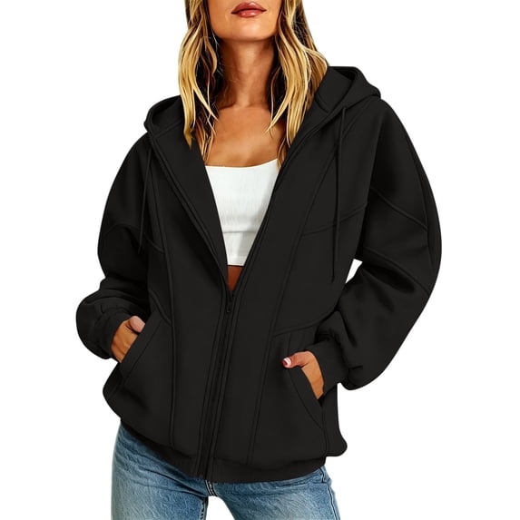 Ghalytn Women Drawstring Full Zip Hooded Jacket Seam Stitch Raglan Long Sleeve Side Pocket Loose Casual Sweatshirt