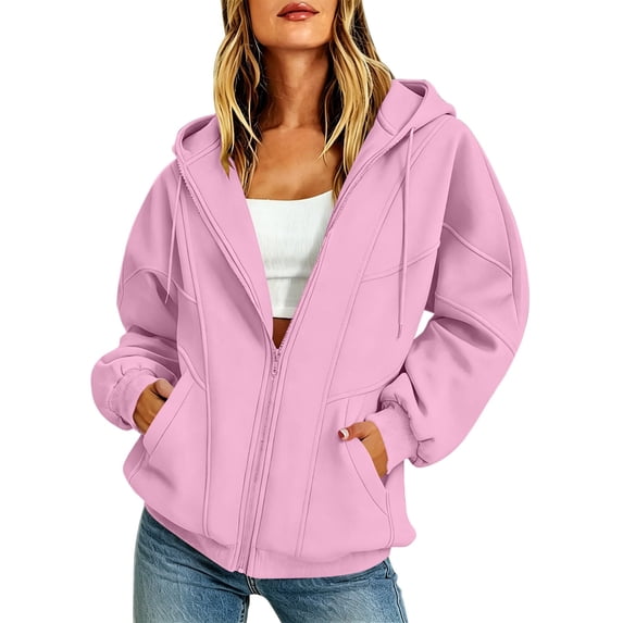 Ghalytn Women Drawstring Full Zip Hooded Jacket Seam Stitch Raglan Long Sleeve Side Pocket Loose Casual Sweatshirt