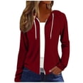 thumbnail image 1 of Ghalytn Women Full Zip Drawstring Hoodie Raglan Long Sleeve Slim Curved Hem Casual Jacket, 1 of 7