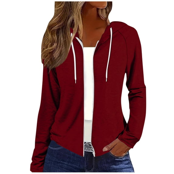 Ghalytn Women Full Zip Drawstring Hoodie Raglan Long Sleeve Slim Curved Hem Casual Jacket