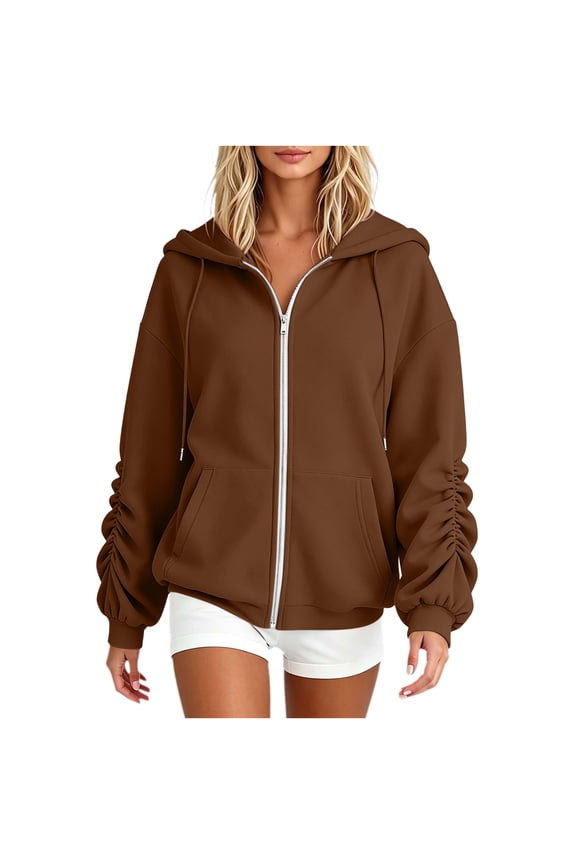 Women Full Zip Drawstring Hoodie Ruched Sleeve Drop Shoulder Loose Casual Jacket with Kangaroo Pockets