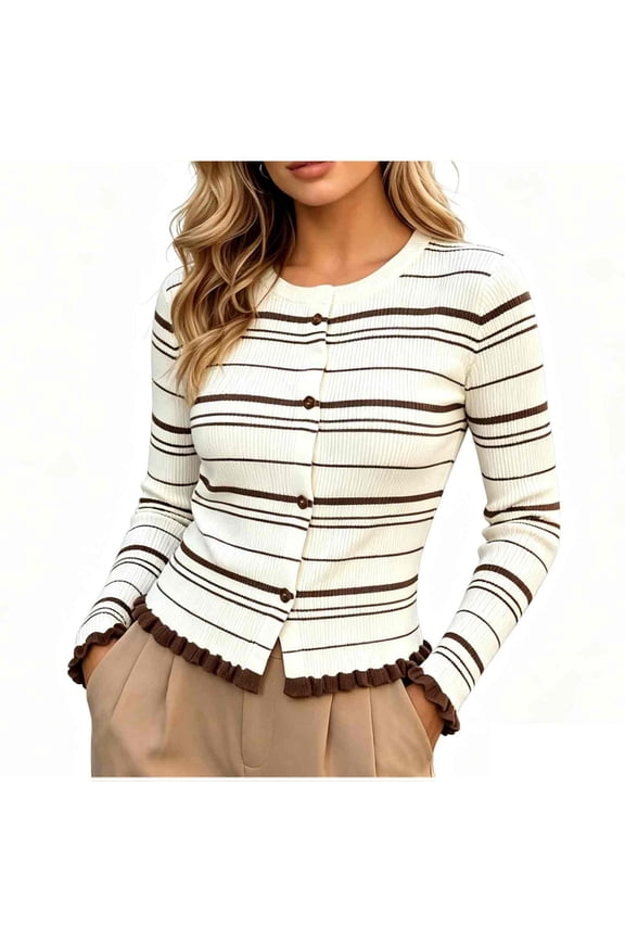 Women Round Neck Striped Knit Cardigan Button Front Ruffle Hem Long Sleeve Cropped Sweater