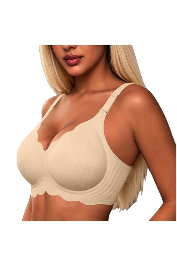 Women Seamless Wavy V Neck Wireless Bra, Embossed Pattern Adjustable Wide Strap Bra Invisible Everyday Comfort Underwear