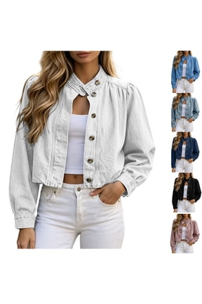 Women Stand Collar Cropped Denim Jacket Puff Long Sleeve Button Front Casual Outerwear
