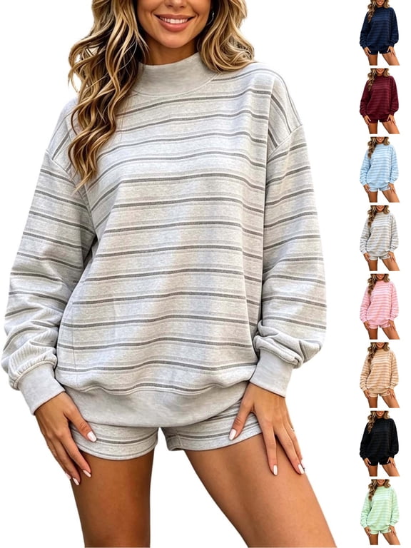 Women's 2 Piece Outfits Loungewear Set Mock Neck Striped Sweatshirt and Shorts Oversized Long Sleeve Matching Set