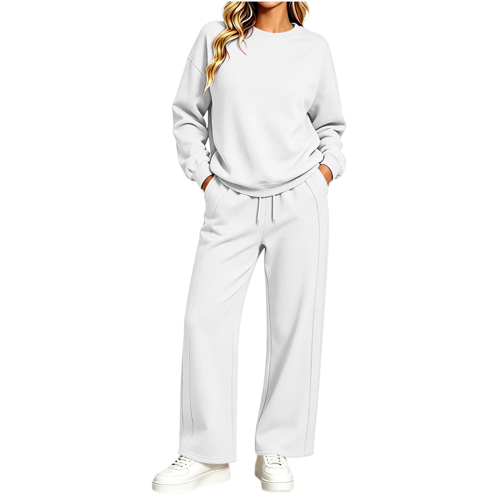 Ghalytn Women's 2 Piece Outfits Solid Basic Crewneck Pullover and ...