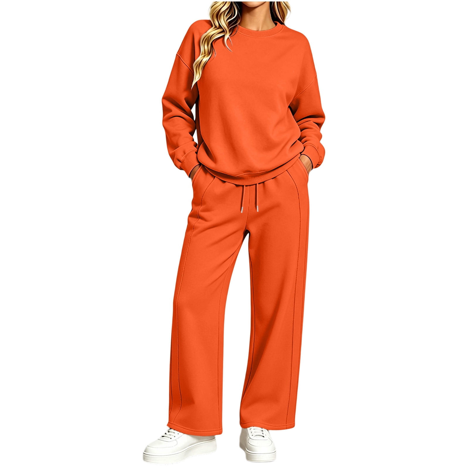 Ghalytn Women's 2 Piece Outfits Solid Basic Crewneck Pullover and ...