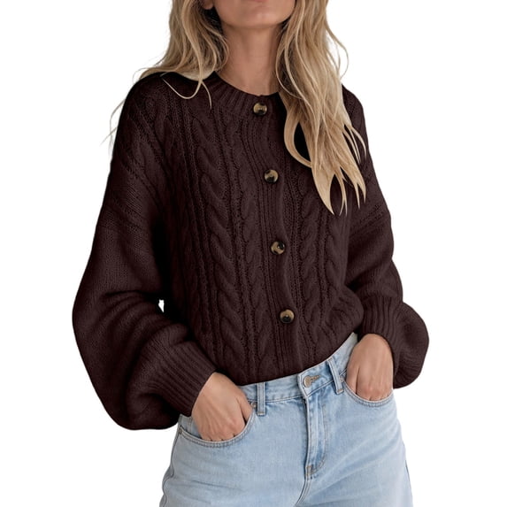 Ghalytn Women's Cable Knit Cardigan Sweater - Oversized Loose Fit Long Sleeve Button Front Ribbed Cuff Layering Top
