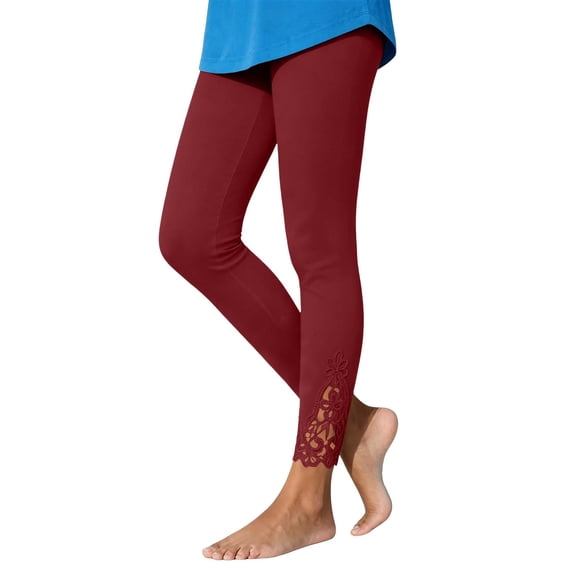 Ghalytn Women's Capri Leggings with Lace Hem, High Waist Stretchy Cropped Pants with Floral Hollow-Out Design