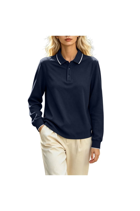 Women's Contrast Trim Collar Long Sleeve Top - Loose Fit 3-Button Placket Ribbed Cuff Casual Pullover