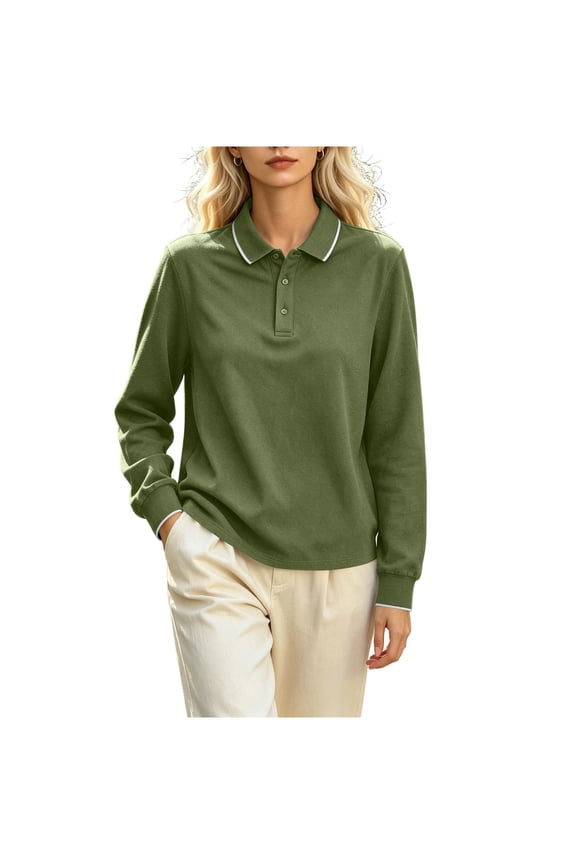 Women's Contrast Trim Collar Long Sleeve Top - Loose Fit 3-Button Placket Ribbed Cuff Casual Pullover