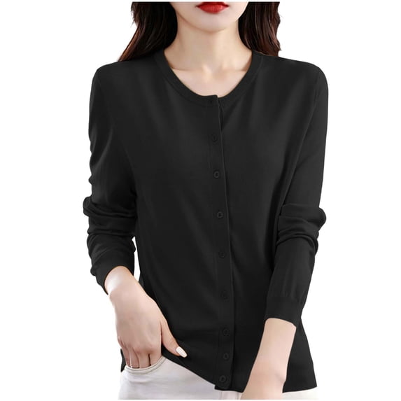 Ghalytn Women's Crew Neck Cardigan Sweater - Slim Fit Long Sleeve Button Front Knit Top with Ribbed Trim