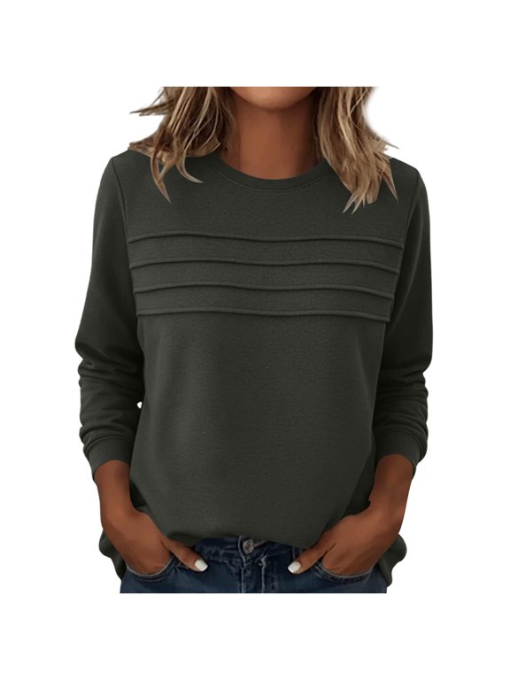Women's Crew Neck Chest Pleated Sweatshirt, Long Rib Cuff Relaxed Straight Hem Pullover Top