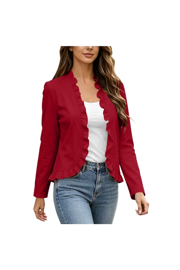 Women's Cropped Blazer Ruffled Open Front Long Sleeve Fitted Lightweight Layering Jacket