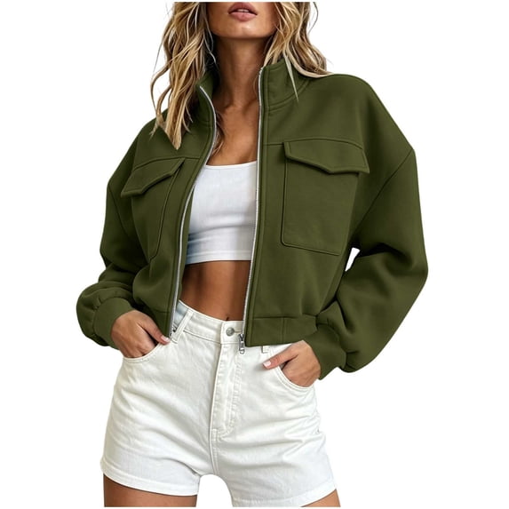 Ghalytn Women's Cropped Zip Jacket - Stand Collar with Cargo Pockets and Drop Shoulder Loose Fit