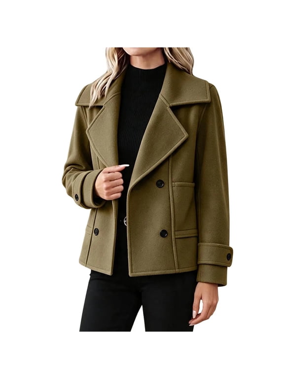Women's Double Breasted Peacoat Short Wool Blend Jacket with Pockets