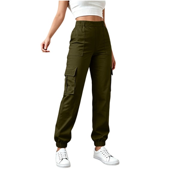Ghalytn Women's Elastic Waist Cargo Jogger Pants - Multi-Pocket Tapered Ankle Cuff Casual Outdoor Bottoms