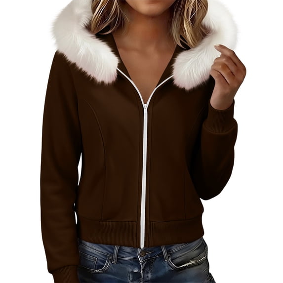 Ghalytn Women's Faux Fur Trim Full Zip Cropped Hooded Fleece Jacket, Rib Cuff Relaxed Short Waist Layering Coat