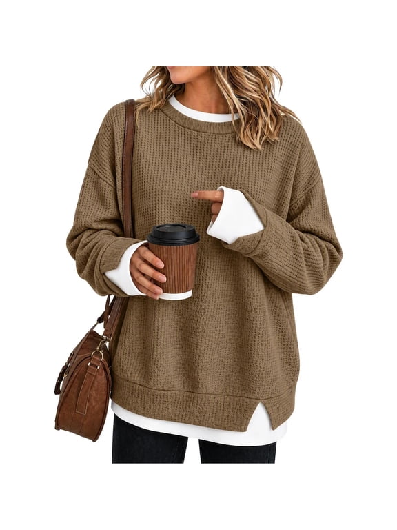 Women's Faux Layered Waffle Knit Top Crewneck Long Sleeve Tunic with Side Slits