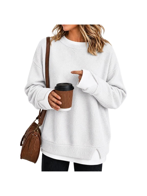 Women's Faux Layered Waffle Knit Top Crewneck Long Sleeve Tunic with Side Slits