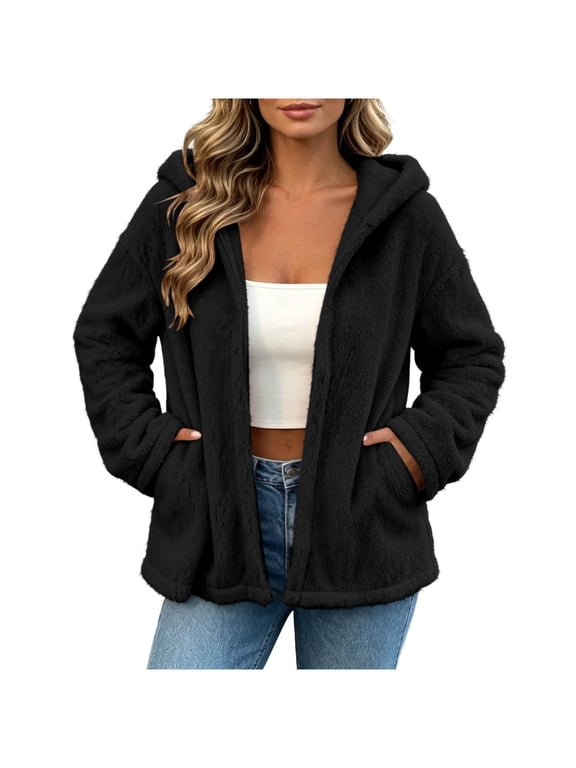 Women's Fleece Jacket Hooded Zip Up Fuzzy Coat with Pockets for Fall and Winter
