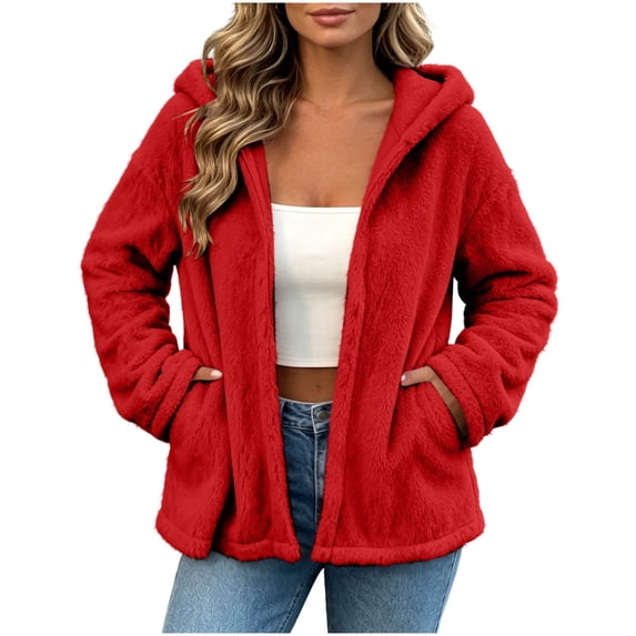 Ghalytn Women's Fleece Jacket Hooded Zip Up Fuzzy Coat with Pockets for Fall and Winter
