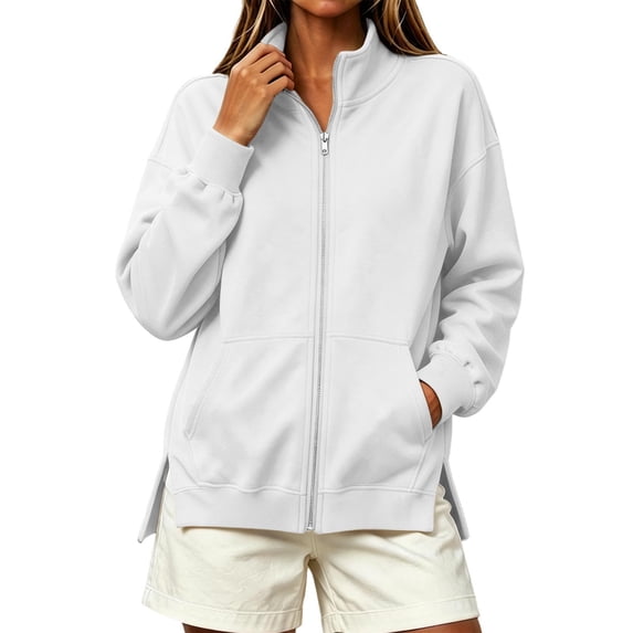Ghalytn Women's Fleece Lined Full Zip Jacket Stand Collar Long Sleeve Casual Sweatshirt Coat with Pockets