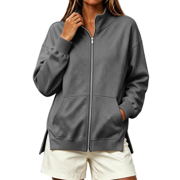 Ghalytn Women's Fleece Lined Full Zip Jacket Stand Collar Long Sleeve Casual Sweatshirt Coat with Pockets