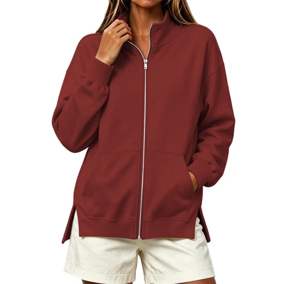 Ghalytn Women's Fleece Lined Full Zip Jacket Stand Collar Long Sleeve Casual Sweatshirt Coat with Pockets