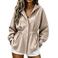 thumbnail image 1 of Ghalytn Women's Fleece Lined Hooded Jacket Waist Cinched Coat Zip and Snap Button Front Long Sleeve Outerwear with Pockets, 1 of 7