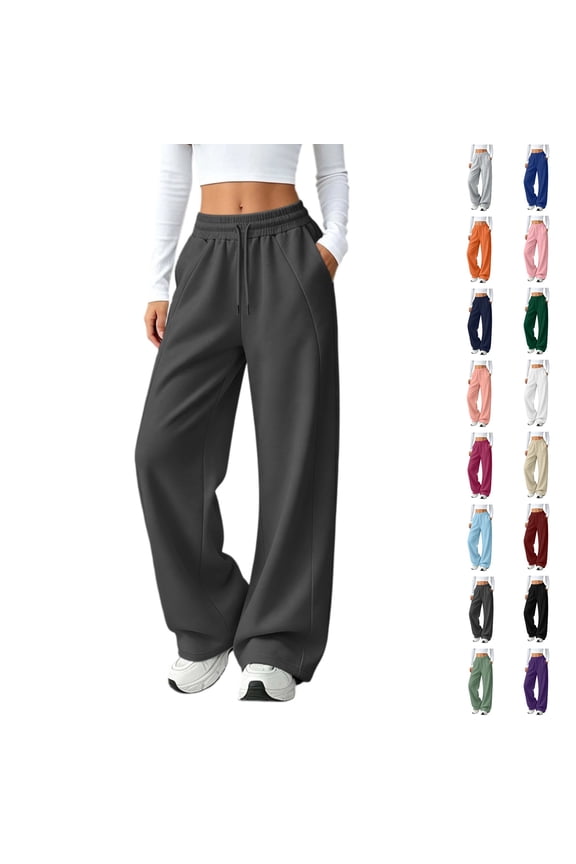 Women's Fleece Lined Wide Leg Sweatpants - Drawstring Casual Trousers with Pockets, Warm Winter Loose Pants