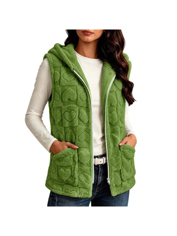 Women's Fleece Vest Hooded Zip Up Heart Pattern Sleeveless Jacket with Pockets