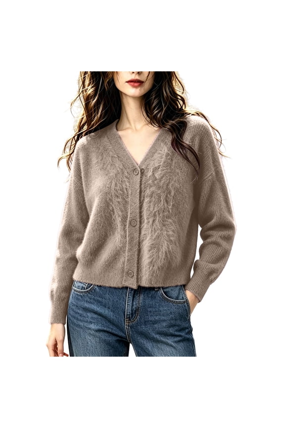 Women's Fluffy Fuzzy V Neck Cardigan - Cropped Loose Fit Long Sleeve Button Front Knit Sweater with Rib Cuff