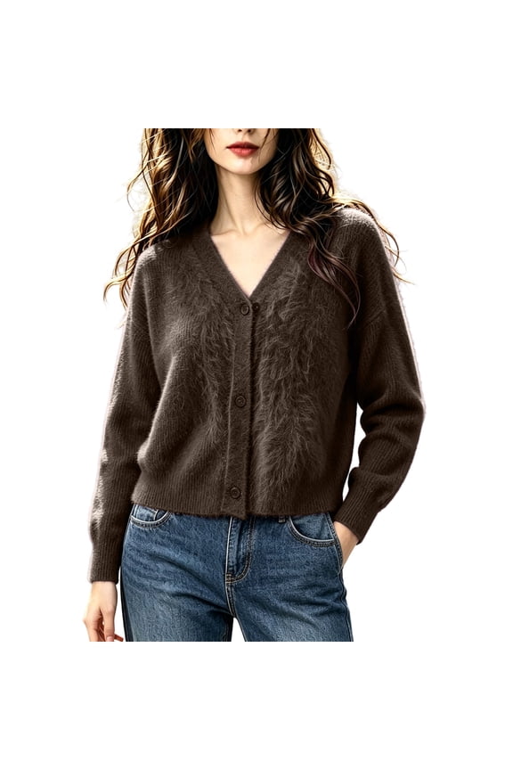 Women's Fluffy Fuzzy V Neck Cardigan - Cropped Loose Fit Long Sleeve Button Front Knit Sweater with Rib Cuff