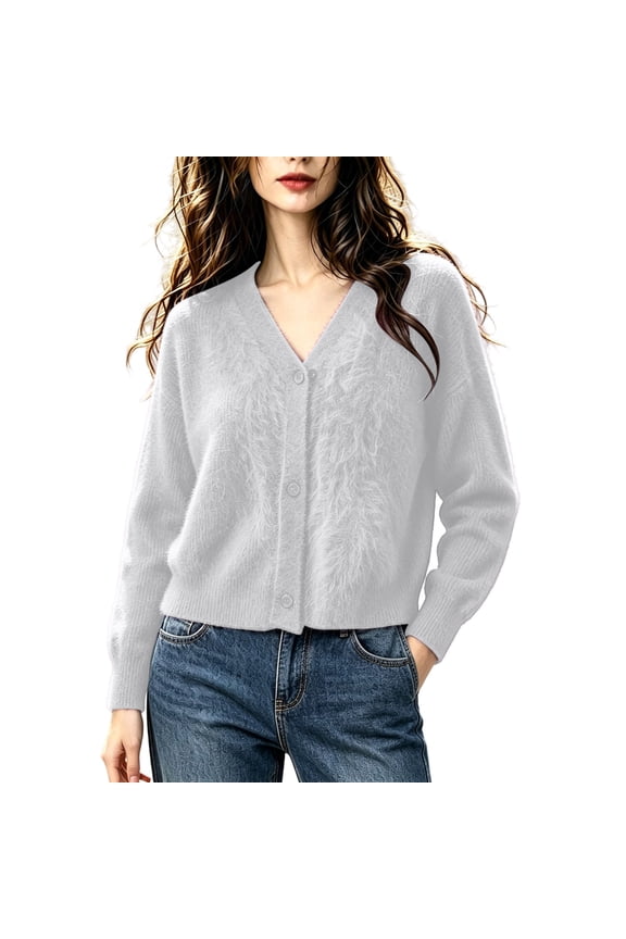 Women's Fluffy Fuzzy V Neck Cardigan - Cropped Loose Fit Long Sleeve Button Front Knit Sweater with Rib Cuff