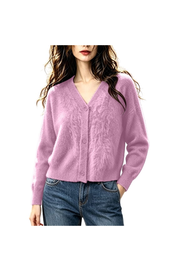 Women's Fluffy Fuzzy V Neck Cardigan - Cropped Loose Fit Long Sleeve Button Front Knit Sweater with Rib Cuff